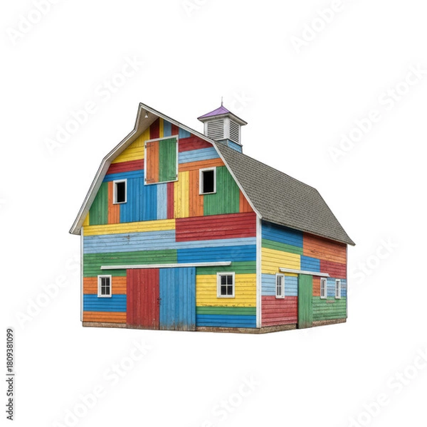 Fototapeta Colorful Patchwork Barn Exterior With Wood Siding and White Trim Isolated on Black Background With White Windows and Small Cupola