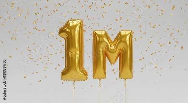 Obraz Golden “1M” celebration balloons with falling confetti on a light background, perfect for marketing, milestones, achievements, social media promotions, and festive advertising banner