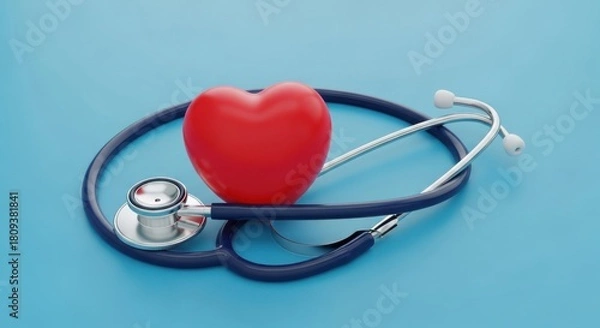 Fototapeta Stethoscope and red heart symbol on blue background for crucial health check