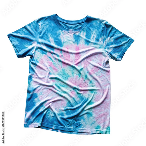 Fototapeta Colorful tie dye t-shirt with blue pink and white patterns displayed flat on a white background studio lighting showcasing vibrant fabric texture and casual apparel design