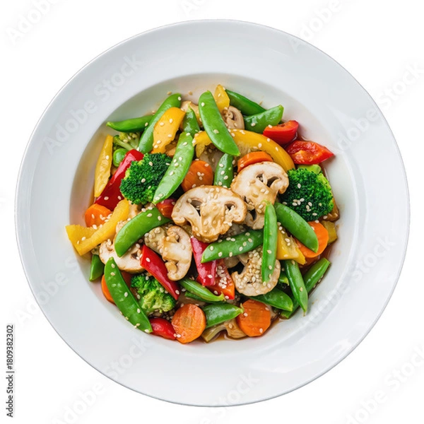 Fototapeta Colorful Vegetable Stir Fry With Mushrooms and Snow Peas Served in a White Bowl Isolated on a White Background Vibrant Food Photography Presentation
