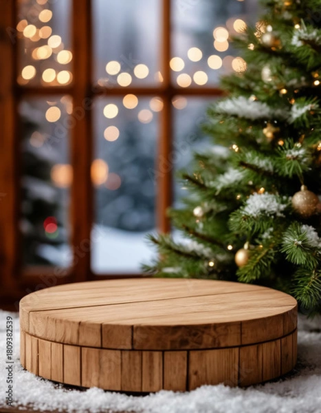 Fototapeta Christmas-themed background with a wooden round stage to highlight your product, creating a professional and festive look for marketplace listings.