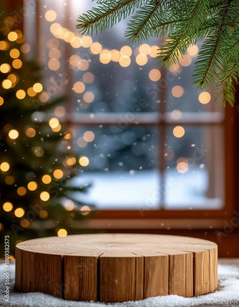 Fototapeta Christmas-themed background with a wooden round stage to highlight your product, creating a professional and festive look for marketplace listings.