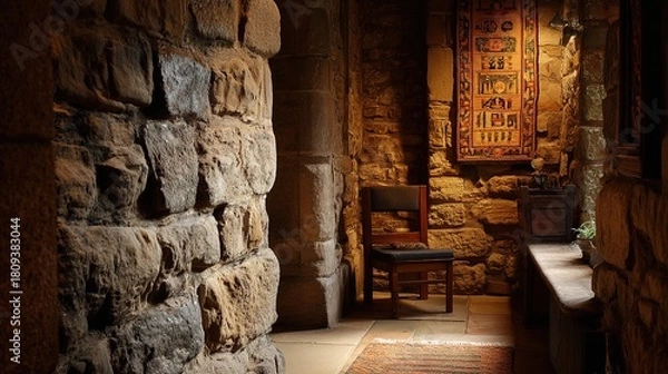 Fototapeta fortress. A medieval castle wall with a traditional woven tapestry. real-estate listings, architecture portfolios, designed for interior renovation comparisons for interiors, showcases craftsmanship.