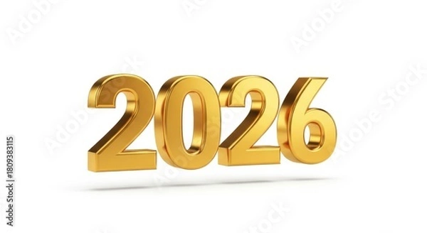 Obraz Golden three-dimensional 2026 number on white background, future year concept