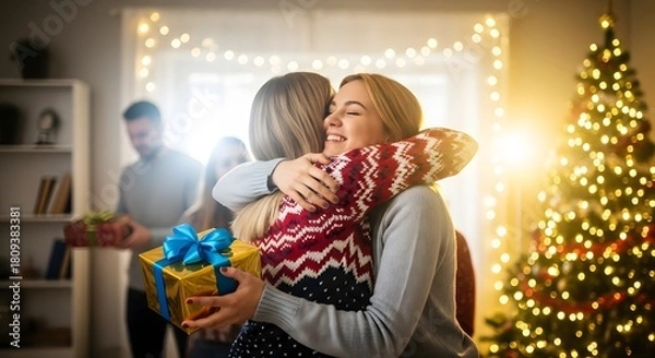 Fototapeta Daughter hugging mother with christmas gift and decorated tree in background
