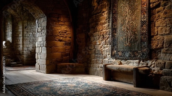 Fototapeta fortress. A medieval castle wall with a traditional woven tapestry. real-estate listings, architecture portfolios, designed for interior renovation comparisons for interiors, showcases craftsmanship.