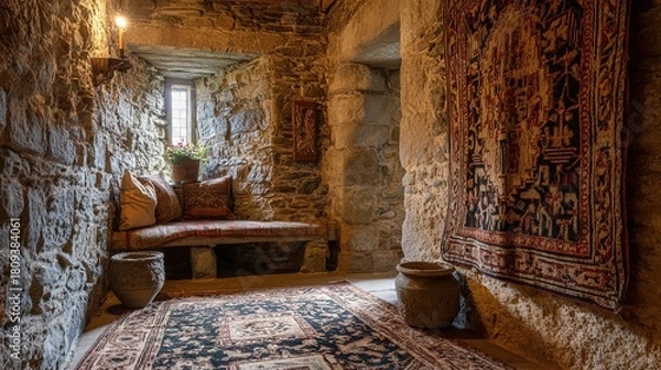 Fototapeta fortress. A medieval castle wall with a traditional woven tapestry. real-estate listings, architecture portfolios, designed for interior renovation comparisons for interiors, showcases craftsmanship.