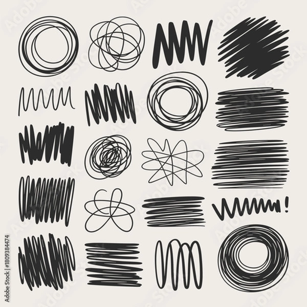 Fototapeta Scribbles doodle sketch lines freehand drawing elements artistic graphic design resource for creative projects