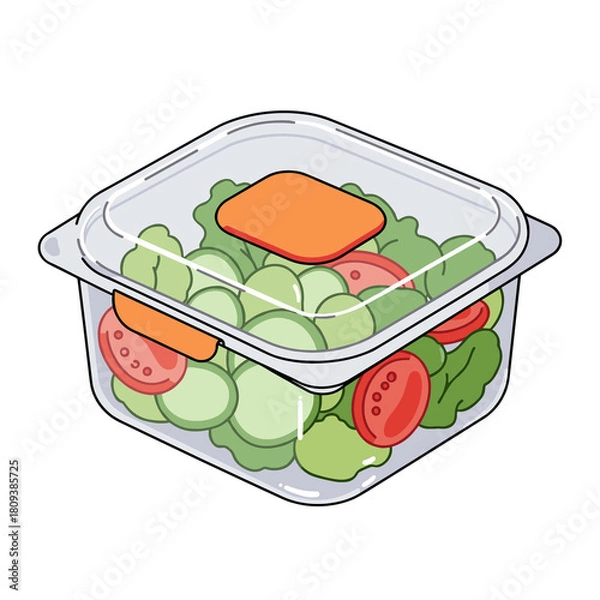 Fototapeta Fresh salad in transparent plastic container with green lettuce and red tomatoes in playful cartoon illustration, representing healthy meal prep and eco-friendly food storage