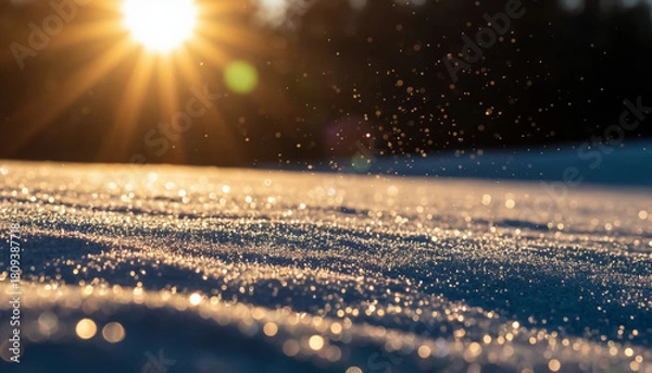 Fototapeta Sunny golden glow and sparks on snow for overlay and winter design projects