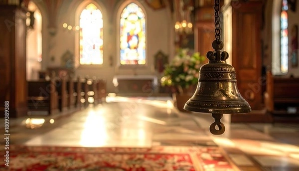 Fototapeta Interior view of a church with a hanging bell and light streaming through stained glass windows, creating a serene scene