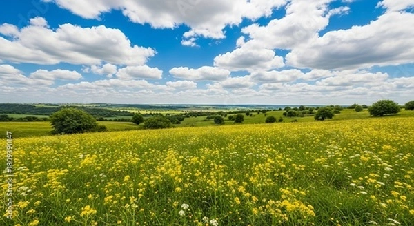 Obraz Sunny skies over a vibrant yellow rapeseed field with green rolling hills landscape