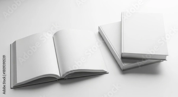 Fototapeta An open book with blank pages next to a stack of books mockup template for design
