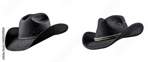 Fototapeta Two black cowboy hats with decorative bands against a black backdrop on transparent background