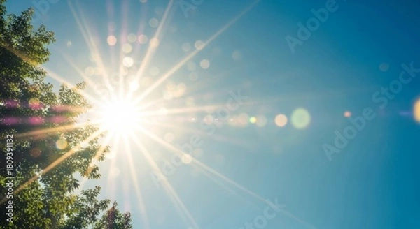 Obraz Sunny day blue sky bright sunlight rays beaming through the trees summer nature outdoors