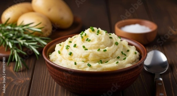 Fototapeta Bowl of creamy mashed potatoes garnished with chives alongside salt and rosemary sprigs
