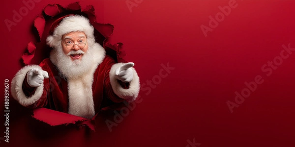Obraz Surprised Santa Claus Pointing Finger Through Torn Red Paper Hole - Christmas Sale and Announcement Concept