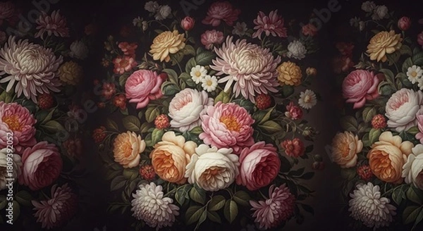 Obraz Floral arrangement with peonies roses chrysanthemums and dahlias in an old master style
