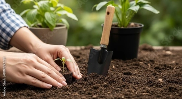 Obraz Gardener planting a seedling gardening springtime growth nurture cultivation soil hobby