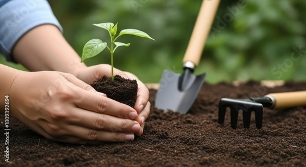 Obraz Close up of hands planting a small green plant into soil with garden tools around