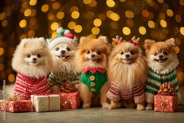 Fototapeta Group of Pomeranians in Christmas sweaters with gifts