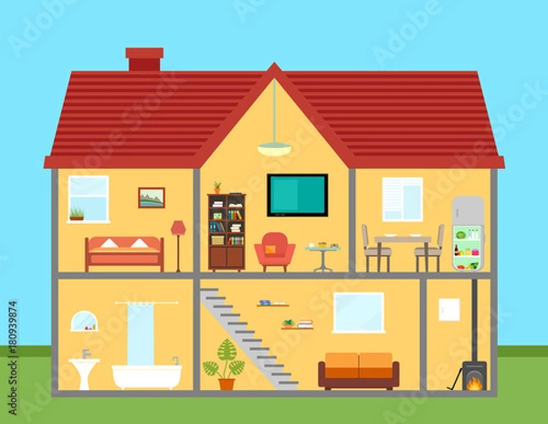 Obraz furniture on house in cut with furnishing rooms detailed