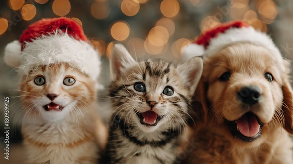 Obraz Kitten and puppies in Santa hats against Christmas lights