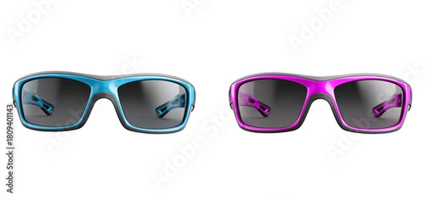 Fototapeta Two pairs of sport sunglasses in blue and pink on a black studio background on transparent background