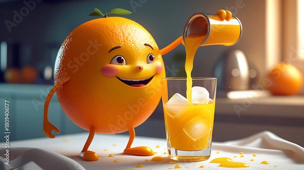 Fototapeta Cartoon orange character pouring juice into a glass with ice cubes on a table 4k  and hd image