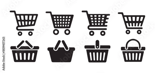 Obraz Shopping carts and baskets icons silhouette for online store shopping