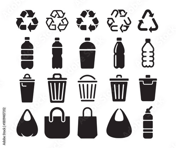 Obraz Recycling symbols plastic bottles trash cans and bags silhouette bundle