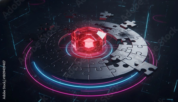 Fototapeta Futuristic Puzzle Concept with a Glowing Core Representing Innovation and Connection