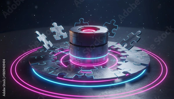 Fototapeta Abstract Puzzle Solution Concept with Glowing Neon Light and Technology