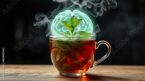 Fototapeta teacup. Steaming teacup with mint leaves forming brain-shaped glowing nebula above it. wellbeing guides, coaching materials, designed for mental health education and mindfulness programs.