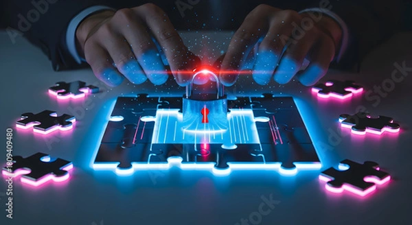 Obraz Data Security Concept Cyber Protection and Secure Access with Lock and Puzzle