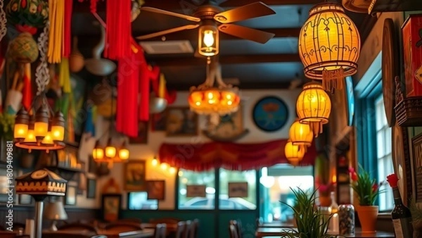 Obraz taqueria. Authentic Mexican restaurant interior featuring vibrant cultural decor and warm ambient lighting. event programs, museum guides, designed for cultural heritage projects and event programs.