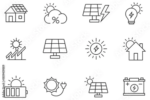 Obraz Collation of solar power line icons. Contains as efficiency, solar panel, energy, solar farm, sun tracker and more. Solar energy black line icon on white background. Vector illustration. 