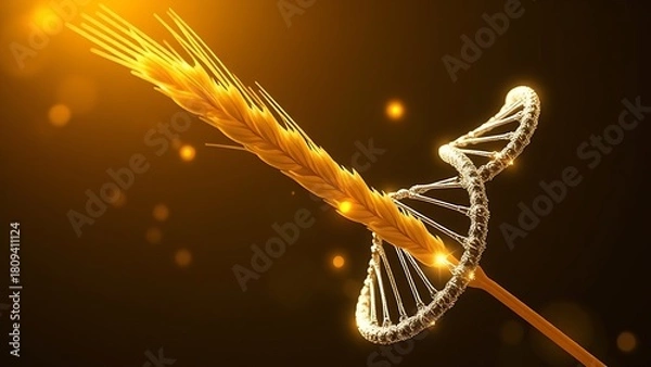 Fototapeta dna. A luminous DNA helix wrapped around a golden wheat stalk with glowing carbohydrate molecules orbiting like planets. STEM education sheets.