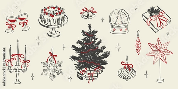 Obraz Whimsical party doodles featuring festive dinner table with Christmas tree and cake, wine glasses, gift boxes with bows and holiday decorations in Crayon sketch style. Vector illustration