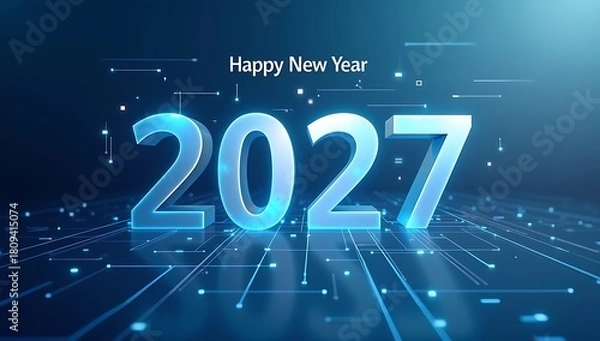 Obraz Happy New Year 2027 glowing blue 3D numbers on futuristic circuit floor with digital grid