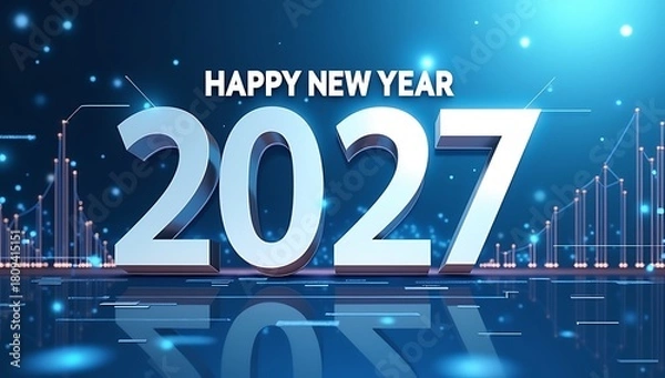Obraz Happy New Year 2027 glowing blue 3D numbers with sparkling light rays and digital particles