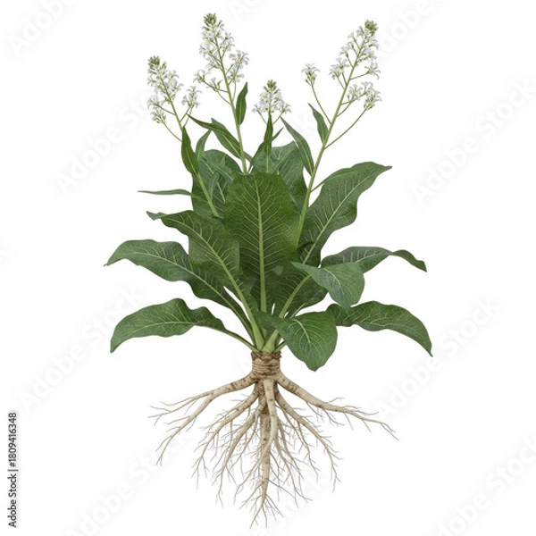 Fototapeta Horseradish Cochlearia armoracia plant with roots and flowers