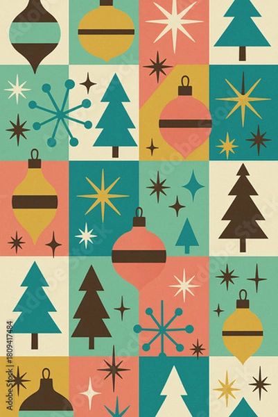 Fototapeta Retro Christmas Ornaments Trees Stars Abstract Festive Pattern