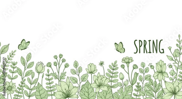 Fototapeta green leaves drawing of a spring meadow with various flowers and butterflies, creating a serene and airy natural border.