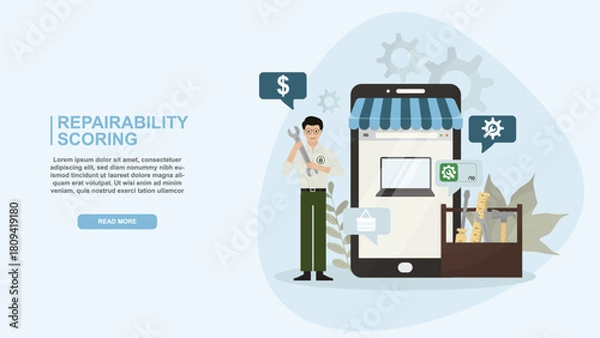 Fototapeta Repairability Scoring and Online Tool Shop. Digital repairability scoring and appliance maintenance. large smartphone store, repair kit, and tool/evaluation icons. Flat style. Vector illustration
