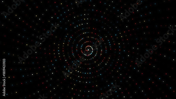 Obraz 黒背景に広がるカラフルなドットの螺旋と抽象的なパーティクル