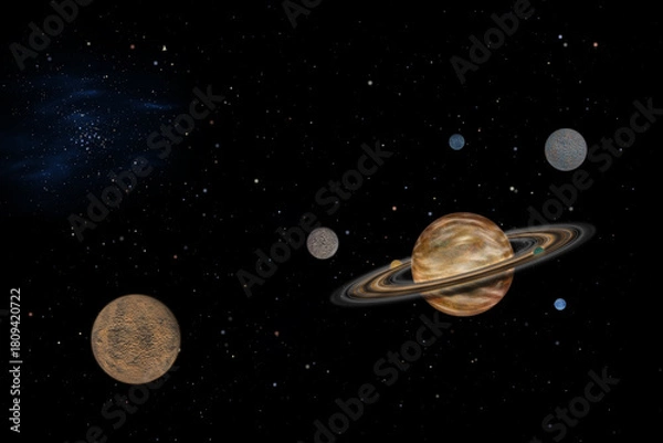 Fototapeta Artist's concept / illustration: Distant solar system with ringed planet, seven orbiting moons and star cluster.