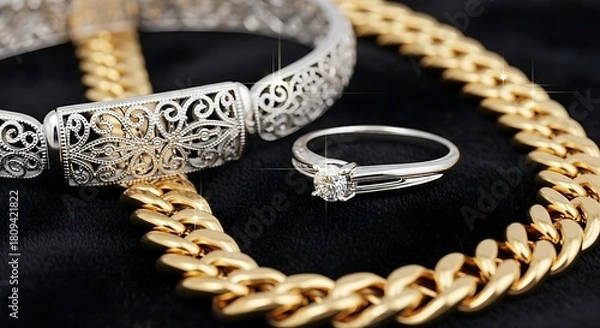 Obraz Luxury silver and gold jewelry on display