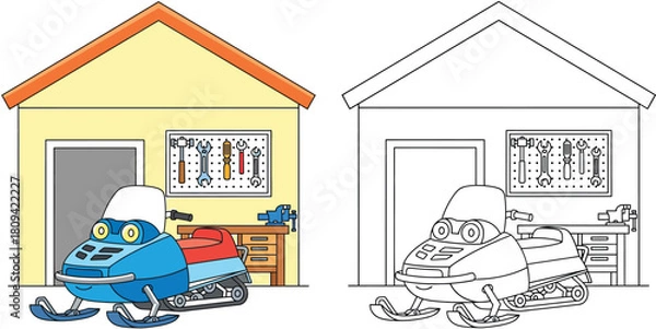 Fototapeta Coloring book page vector illustration of a cute cartoon snowmobile parked inside a garage with tools and workbench for kids education and activity